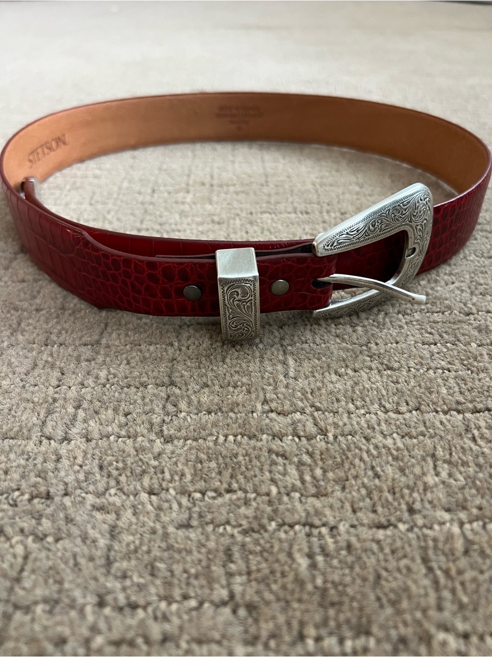 Stetson Red Croc-Embossed Leather Belt with Engraved Silver Buckle